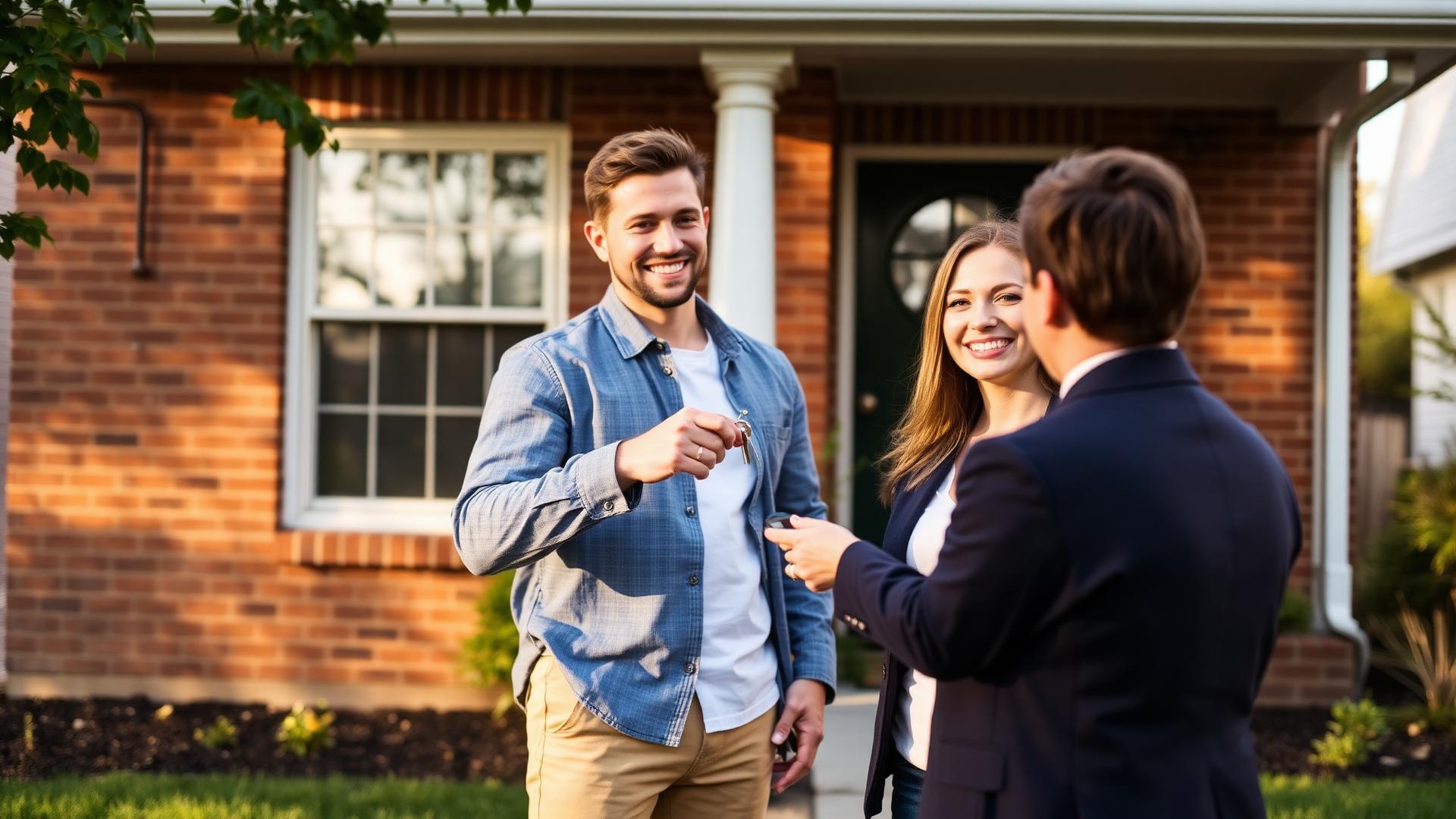 Couple receiving keys to their new home in Saint Louis from SMPL Realty agent